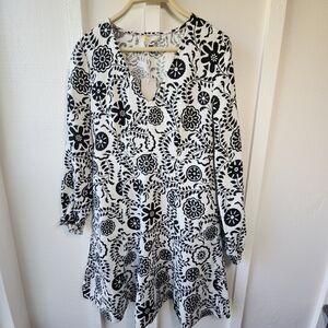 New Boden Flippy Dress Floral V-Neck Linen Black & White With Pockets Size 4R